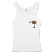 A chocolate brown palmetto and crescent moon. The palmetto is a symbol of South Carolina pride. Buy the chocolate brown palmetto moon printed in the pocket area of a t-shirt, sweatshirt, or other apparel item.