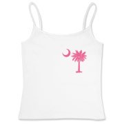 A pink palmetto and crescent moon. The palmetto is a symbol of South Carolina pride. Buy the pink palmetto moon printed in the pocket area of a t-shirt, sweatshirt, or other apparel item.