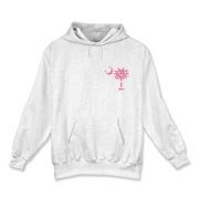 Pink Polka Dot Palmetto Moon Hooded Sweatshirt features a small pink palmetto moon with white polka dots printed in the pocket area.