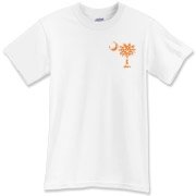 Orange Polka Dot Palmetto Moon T-Shirt features a small orange palmetto moon with white polka dots printed in the pocket area.