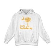 Yellow Polka Dots South Cackalacky Palmetto Moon Kids Hooded Sweatshirt features a Polka Dot South Carolina palmetto moon logo in yellow.