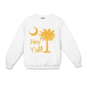 Say hello with the Yellow Hey Y'all Palmetto Moon Kids Crewneck Sweatshirt. It features the South Carolina palmetto moon.