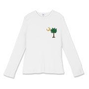 Celebrate a Palmetto Christmas in South Carolina with a Christmas Palmetto Moon T-Shirt, Sweatshirt, or other apparel item. This version features a pocket sized version of the Christmas Tree Palmetto.