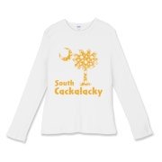 Yellow Polka Dots South Cackalacky Palmetto Moon Women's Fitted Baby Rib Long Sleeve Tee features a Polka Dot South Carolina palmetto moon logo in yellow.