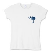 South Carolina Outline Women's Fitted Baby Rib Tee with an outline of the state of South Carolina and the popular Palmetto Moon logo on the back and a blue palmetto moon on the front.