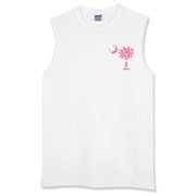 Pink Polka Dot Palmetto Moon Sleeveless T-Shirt features a small pink palmetto moon with white polka dots printed in the pocket area.