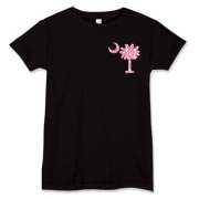 Pink Polka Dot Palmetto Moon Women's T-Shirt features a small pink palmetto moon with white polka dots printed in the pocket area.
