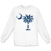 Blue Polka Dot Palmetto Moon Long Sleeve T-Shirt features a blue palmetto moon with white polka dots and is a fun variation on the South Carolina flag palmetto logo.