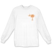 Orange Polka Dot Palmetto Moon Long Sleeve T-Shirt features a small orange palmetto moon with white polka dots printed in the pocket area.