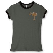 Buy a Chocolate Brown Palmetto Moon Women's Fitted Ringer Tee featuring a smaller palmetto printed on the left chest area. The palmetto moon is a symbol of South Carolina pride.