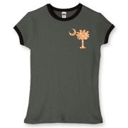 Buy an Orange Polka Dot Palmetto Moon Women's Fitted Ringer Tee that features a orange palmetto moon with white polka dots printed smaller on the left chest area.