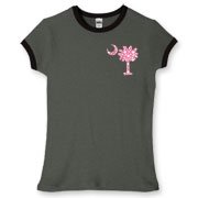 Buy a Pink Polka Dot Palmetto Moon Women's Fitted Ringer Tee that features a pink palmetto moon with white polka dots printed smaller on the left chest area.