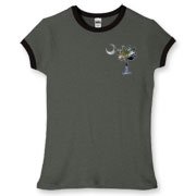 Buy an Earth and Moon Palmetto Women's Fitted Ringer Tee featuring a smaller palmetto printed on the left chest area with a photo of the Earth and Moon in the background. The palmetto moon is a symbol of South Carolina pride.