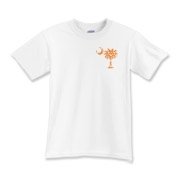 Orange Polka Dot Palmetto Moon Kids T-Shirt features a small orange palmetto moon with white polka dots printed in the pocket area.