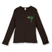 Buy a Christmas Palmetto Moon Women's Fitted Baby Rib Long Sleeve Tee and have a Merry Christmas, South Carolina style. This version features a pocket sized version of the Christmas Tree Palmetto Moon.