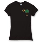 Buy a Christmas Palmetto Moon Women's Fitted Fine Jersey Tee and have a Merry Christmas, South Carolina style. This version features a pocket sized version of the Christmas Tree Palmetto Moon.