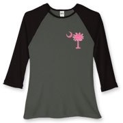 Buy a Pink Palmetto Moon Women's Fitted Baseball Tee featuring a smaller palmetto printed on the left chest area. The palmetto moon is a symbol of South Carolina pride.