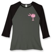 Buy a Pink Polka Dot Palmetto Moon Women's Fitted Baseball Tee that features a pink palmetto moon with white polka dots printed smaller on the left chest area.