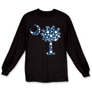 Blue Polka Dot Palmetto Moon Long Sleeve T-Shirt features a blue palmetto moon with white polka dots and is a fun variation on the South Carolina flag palmetto logo.
