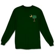 Celebrate a Palmetto Christmas in South Carolina with a Christmas Palmetto Moon T-Shirt, Sweatshirt, or other apparel item. This version features a pocket sized version of the Christmas Tree Palmetto.