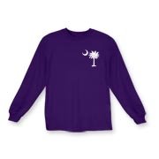 White South Cackalacky Palmetto Moon Kids Long Sleeve T-Shirt features the South Carolina palmetto moon logo in white on the back and a smaller, matching palmetto moon on the front.