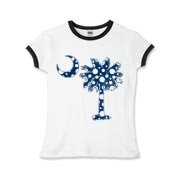 Blue Polka Dot Palmetto Moon Girls Ringer T-Shirt features a blue palmetto moon with white polka dots and is a fun variation on the South Carolina flag palmetto logo.