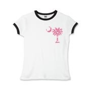 Pink Polka Dot Palmetto Moon Girls Ringer T-Shirt features a small pink palmetto moon with white polka dots printed in the pocket area.