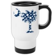 Blue Polka Dot Palmetto Moon Travel Mug features a blue palmetto moon with white polka dots and is a fun variation on the South Carolina flag palmetto logo.