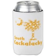 Yellow Polka Dots South Cackalacky Palmetto Moon Can Cooler features a Polka Dot South Carolina palmetto moon logo in yellow.