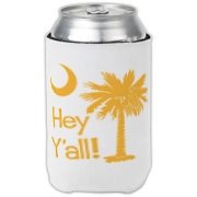 Say hello with the Yellow Hey Y'all Palmetto Moon Can Cooler. It features the South Carolina palmetto moon.