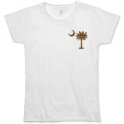 Buy a Chocolate Brown Palmetto Moon Organic Women's T-Shirt featuring a smaller palmetto printed on the left chest area. The palmetto moon is a symbol of South Carolina pride.