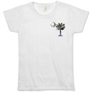 Buy an Earth and Moon Palmetto Organic Women's T-Shirt featuring a smaller palmetto printed on the left chest area with a photo of the Earth and Moon in the background. The palmetto moon is a symbol of South Carolina pride.