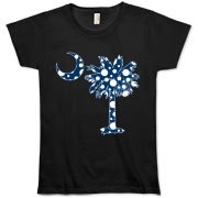 Blue Polka Dot Palmetto Moon Organic Women's T-Shirt features a blue palmetto moon with white polka dots and is a fun variation on the South Carolina flag palmetto logo.