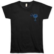 South Carolina Outline Organic Women's T-Shirt with an outline of the state of South Carolina and the popular Palmetto Moon logo on the back and a blue palmetto moon on the front.