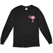 Pink Polka Dot Palmetto Moon Organic Long Sleeve T-Shirt features a small pink palmetto moon with white polka dots printed in the pocket area.