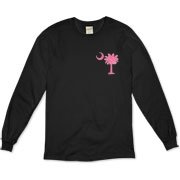 The pink palmetto and crescent moon pocket print design is a symbol of South Carolina pride. Buy pink palmetto t-shirts, sweatshirts or other clothing items with the palmetto moon printed on the pocket area.