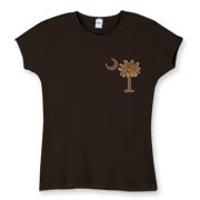 Buy a Chocolate Brown Palmetto Moon Women's Fitted Baby Rib Tee featuring a smaller palmetto printed on the left chest area. The palmetto moon is a symbol of South Carolina pride.