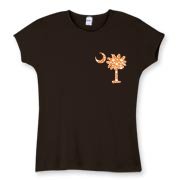 Buy an Orange Polka Dot Palmetto Moon Women's Fitted Baby Rib Tee that features a orange palmetto moon with white polka dots printed smaller on the left chest area.