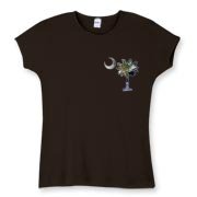 Buy an Earth and Moon Palmetto Women's Fitted Baby Rib Tee featuring a smaller palmetto printed on the left chest area with a photo of the Earth and Moon in the background. The palmetto moon is a symbol of South Carolina pride.