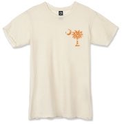 Buy an Orange Polka Dot Palmetto Moon Alternative Apparel Destroyed T-Shirt that features a orange palmetto moon with white polka dots printed smaller on the left chest area.