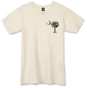 Buy an Earth and Moon Palmetto Alternative Apparel Destroyed T-Shirt featuring a smaller palmetto printed on the left chest area with a photo of the Earth and Moon in the background. The palmetto moon is a symbol of South Carolina pride.