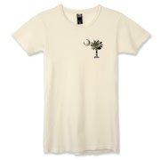 Buy an Earth and Moon Palmetto Alternative Apparel Women's Destroyed T-Shirt featuring a smaller palmetto printed on the left chest area with a photo of the Earth and Moon in the background. The palmetto moon is a symbol of South Carolina pride.