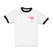 Pink Polka Dot Palmetto Moon Kids Ringer T-Shirt features a small pink palmetto moon with white polka dots printed in the pocket area.
