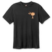 Buy an Orange Polka Dot Palmetto Moon Hanes Cool Dri T-shirt that features a orange palmetto moon with white polka dots printed smaller on the left chest area.