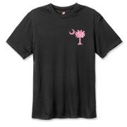 Buy a Pink Polka Dot Palmetto Moon Hanes Cool Dri T-shirt that features a pink palmetto moon with white polka dots printed smaller on the left chest area.