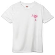 Buy a Pink Polka Dot Palmetto Moon Hanes Women's Cool Dri T-shirt that features a pink palmetto moon with white polka dots printed smaller on the left chest area.