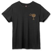 Buy a Chocolate Brown Palmetto Moon Hanes Women's Cool Dri T-shirt featuring a smaller palmetto printed on the left chest area. The palmetto moon is a symbol of South Carolina pride.