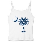 Blue Polka Dot Palmetto Moon Women's Fitted Spaghetti Strap Tank features a blue palmetto moon with white polka dots and is a fun variation on the South Carolina flag palmetto logo.