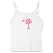 Pink Polka Dot Palmetto Moon Women's Fitted Spaghetti Strap Tank features a small pink palmetto moon with white polka dots printed in the pocket area.