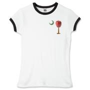Every Carolina Teacher should have this two sided print School Apple Palmetto Moon Pocket Print Women's Fitted Ringer Tee that features the South Carolina palmetto with an apple and chalkboard moon.